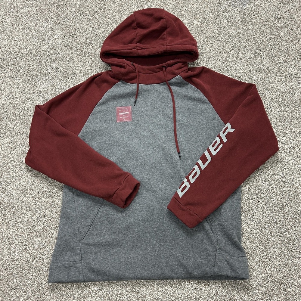 Bauer Hoodie Mens L Gray Maroon Raglan Fleece Pullover Hockey Logo Sweatshirt